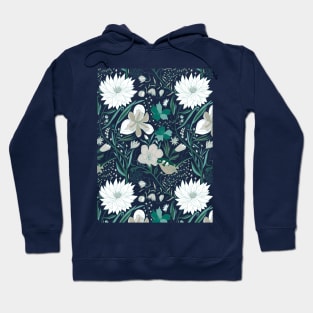 Floral garden with bird navy blue, green and neutral Hoodie